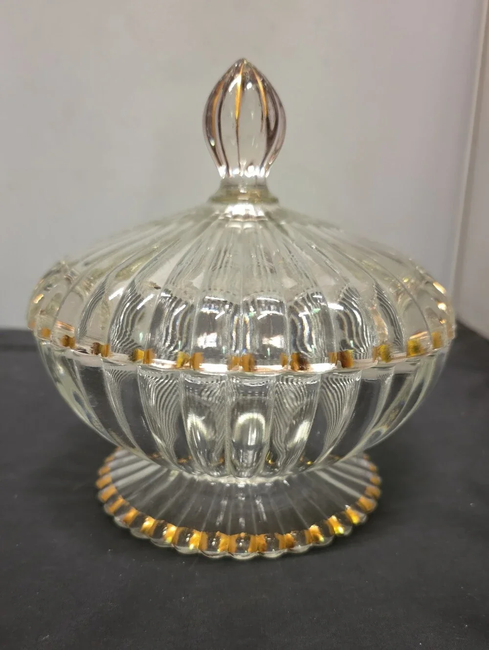 Vintage Jeannette Glass National Covered Candy Nut Dish Gold Trim 1950s MCM - Picture 1 of 6